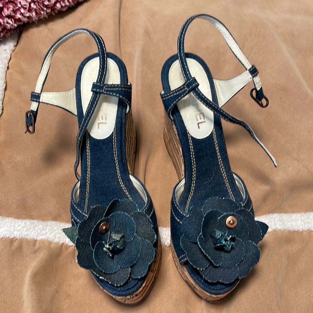 Chanel Camelia Denim Platform Sandals